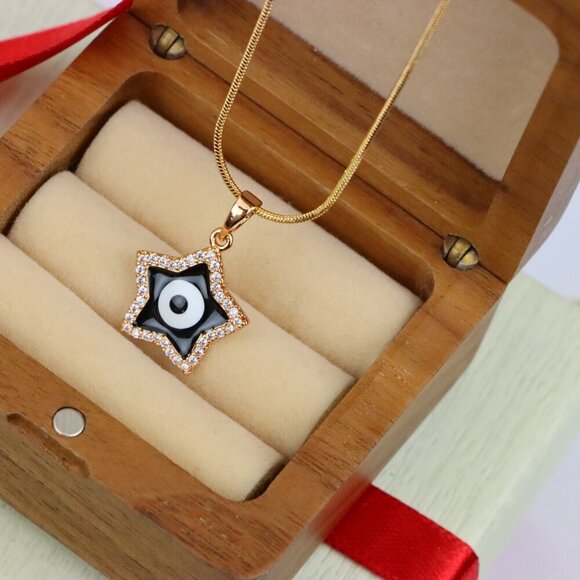 "Rose Gold Star Pendant with Black Evil Eye and CZ Accents, XPPT1380 - Picture 7 of 12